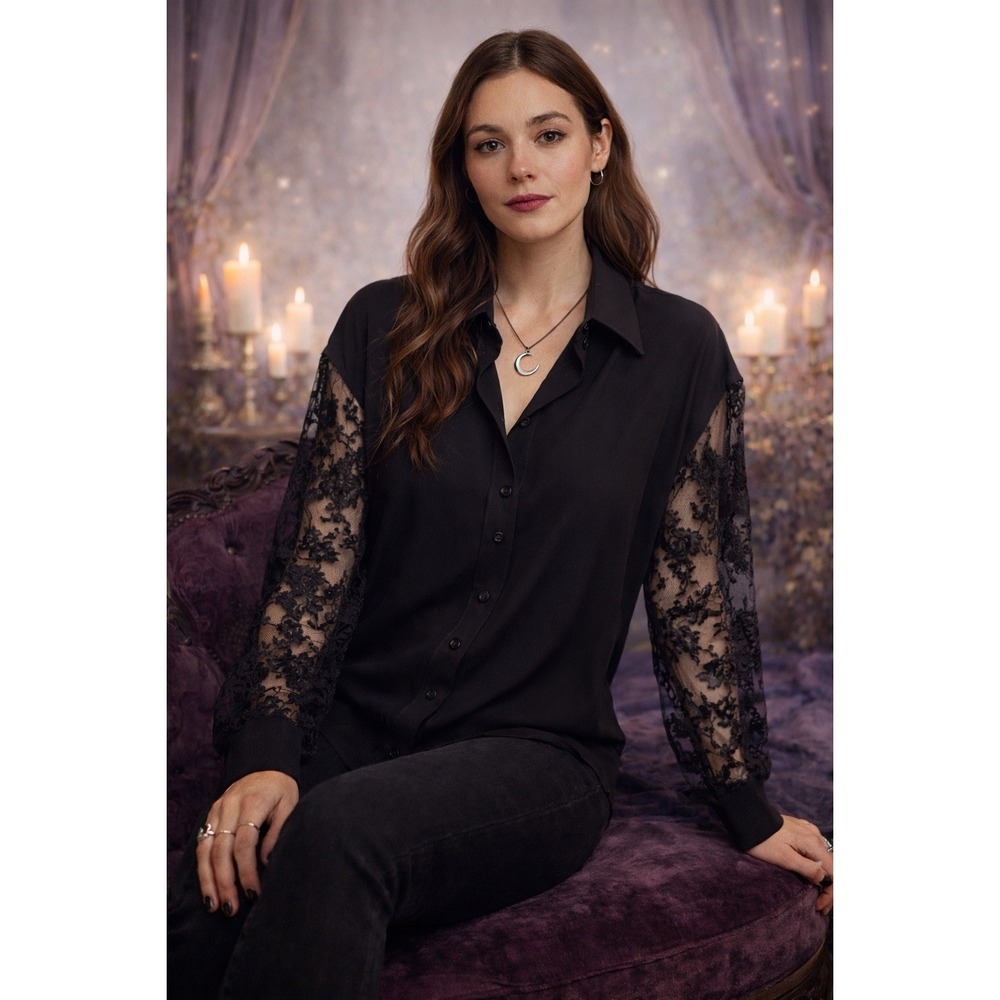 Givenchy Lace Silk Blouse 4 Black Non-Traditional Lace Lantern Sleeve Whimsigoth